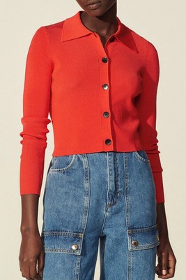 Sandro Paris Damen Rot Cropped Cardigan Gr. 1 S Strick V-Ausschnitt Knopf SFPCA00363