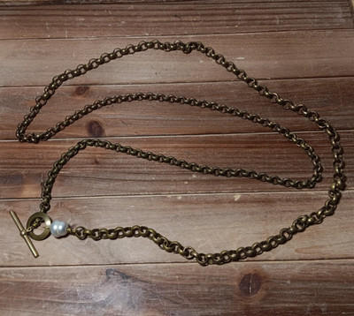 Copper Circle Chain Link Belt / Necklace with Fresh Water Pearl Toggle Latch 46''