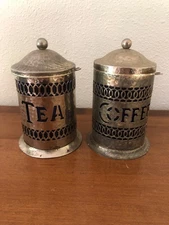 Vintage coffee tea containers storage silver-plated cobalt blue interior