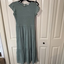 Women’s By The River Smocked Tiered Midi Dress Sage Green Size Large Boho