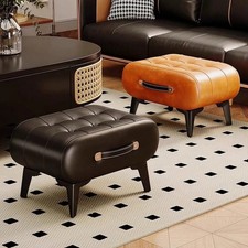 Oil Wax Leather Footstool Ottoman Padded Home Furniture Living Room
