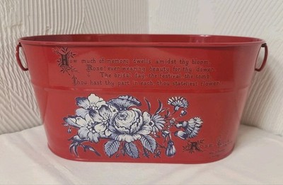 Red Oval Metal Container Bucket Blue Rose Design Poem Double Handles OOAK