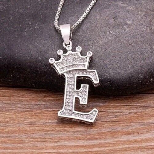2Ct Round Lab-Created Diamond Crown Letter "E" Pendant 14K White Gold Plated