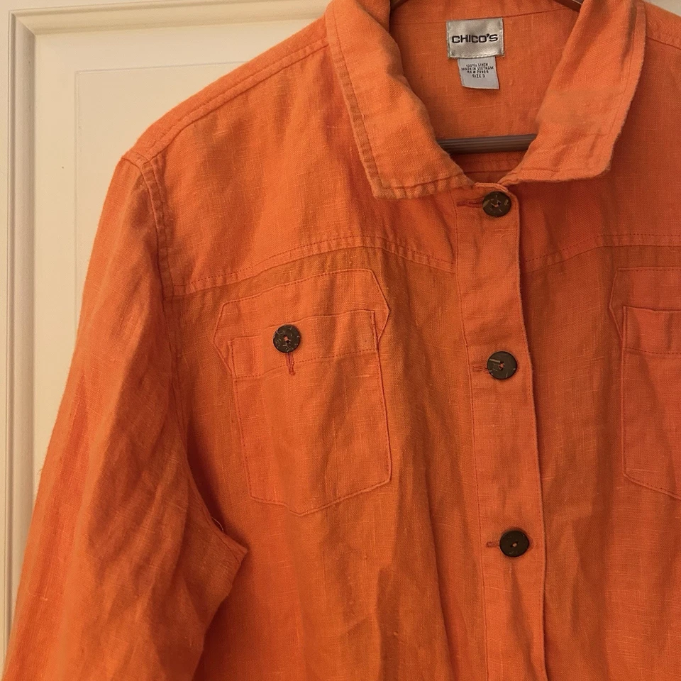 Blusa Camisa Chico’s Mujer Naranja 100% Lino Manga Larga Con Botones Talla 3/XL Foto 3 de 4