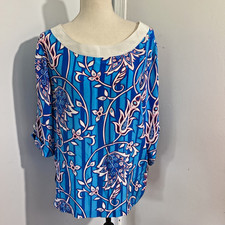 BOB MACKIE WEARABLE ART LARGE  100 SILK BLOUSE BOAT NECK BLUE TROPICAL FLOWER