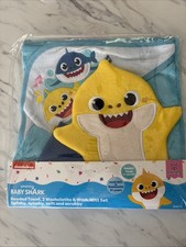 PINKFONG NICKELODEON BABY SHARK HOODED TOWEL 2 WASHCLOTHS  WASH MITT SET NEW