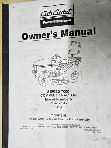 Cub Cadet, Owner's Manual, Series 7000 Compact Tractor, 7192, 7195 ...