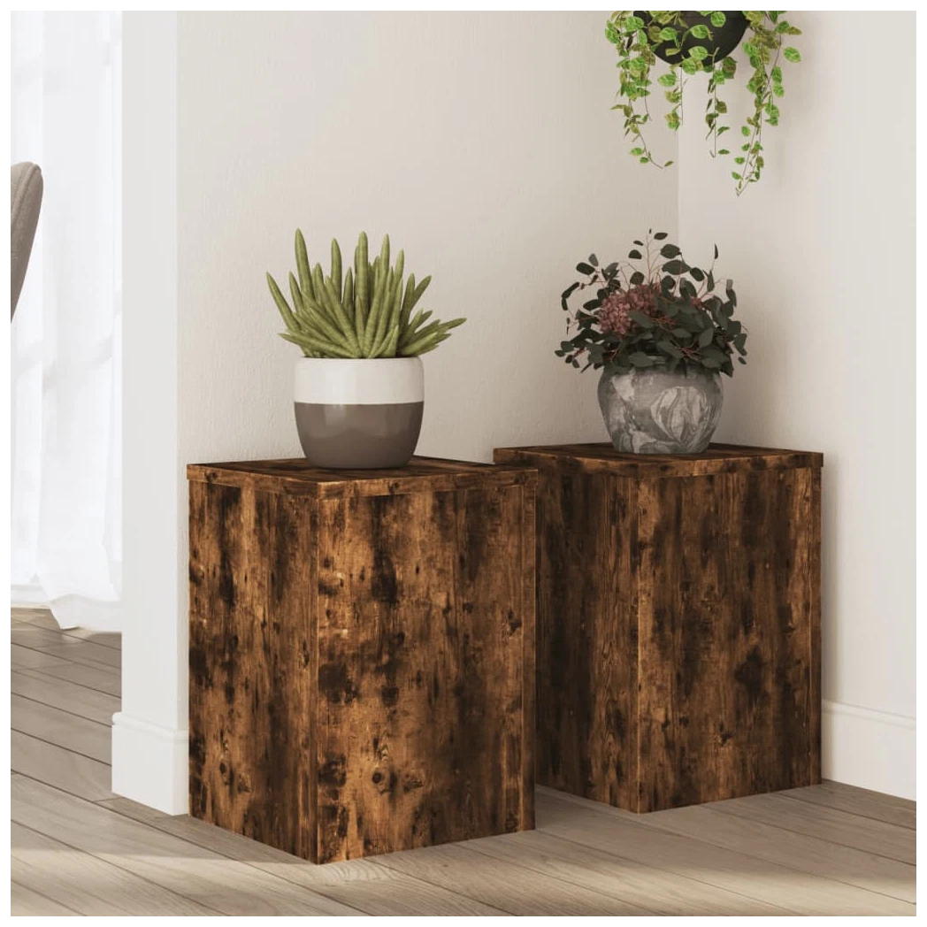 Wooden Plant Stand 2pc Smoked Oak Engineered Wood 25x25x35cm Set Indoor/Outdoor