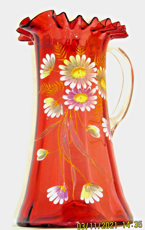 Antique Victorian PinkCranberry Glass Pitcher Crimped Top Painted Enamel Flowers