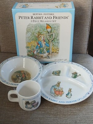 Vintage Peter Rabbit and Friends 3 Piece Melamine Dish Set Beatrix Potter In Box