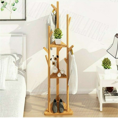 Sturdy Natural Bamboo Tree Garment Clothes Coat Hat Hanger Stand Rack w/ Shelves - Picture 12 of 12