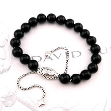 David Yurman Sterling Silver 8"mm Black Onyx Spiritual Bead Beaded Pull Bracelet