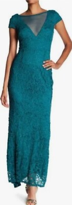 Marina Green Illusion V-Neck Lace Sheath Mesh Short Sleeve Maxi Gown Dress  10 Nw
