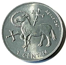 2002 Andorra Religious Coin 1 centime Lamb of God Angus Dei Cross