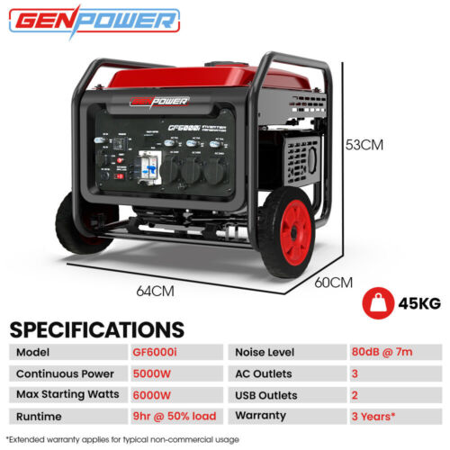GENPOWER 6kW Peak 5kW Open Frame Inverter Generator 3x15A RCD Petrol Portable - Picture 10 of 11