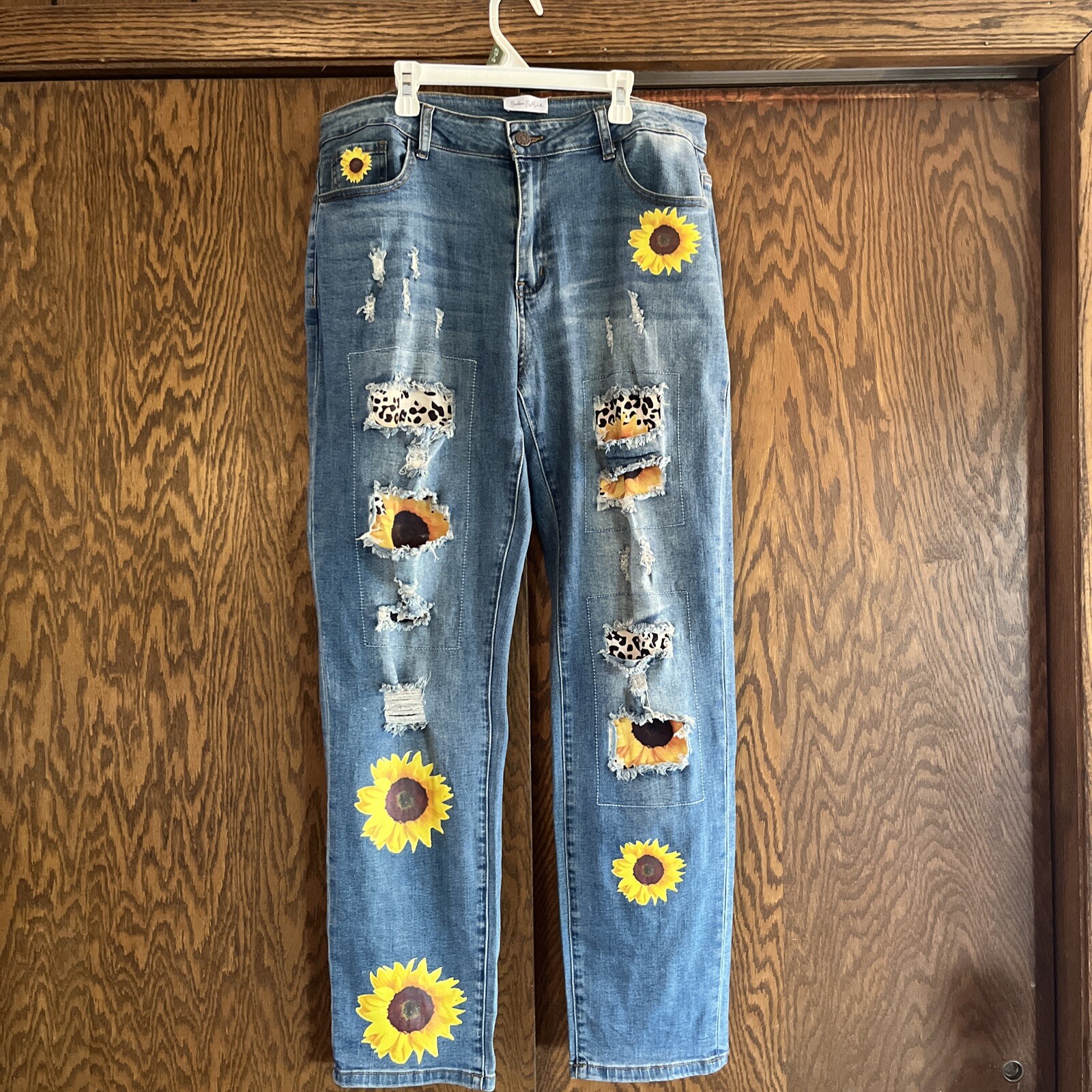 Leopard patchwork Sunflower Print Distressed High… - image 4