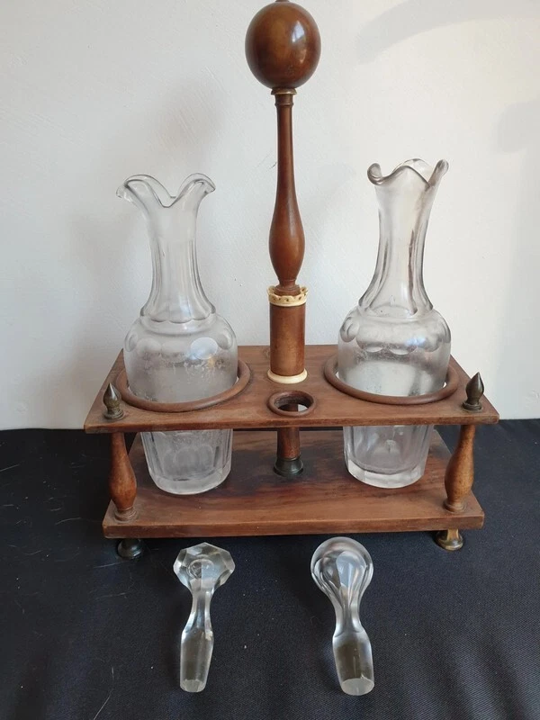 Ancien présentoir serviteur service huile et vinaigre complet set carafe - Photo 4/4