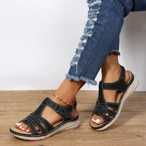 Sandalias de cuña ortopédicas informales de verano para damas Zapatos cómodos con punta abierta plana - Imagen 10 de 22
