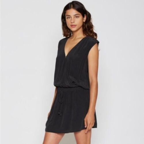 JOIE Aniya 100% Silk Black Sleeveless Faux Wrap Drawstring Waist Dress Size S - Afbeelding 1 van 14