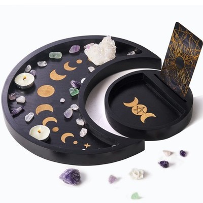 Moon Tray Set Crystal Holder for Stones Display, Black Wooden Tray with Round...
