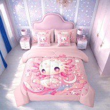 Cute Axolotl Comforter Set Full Cartoon Pink Axolotl Pattern Kids Bedding, Ka...