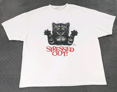 Vintage Stressed Out Cat Kitten T Shirt Bob Harrison White Short Sleeve Men 3XL