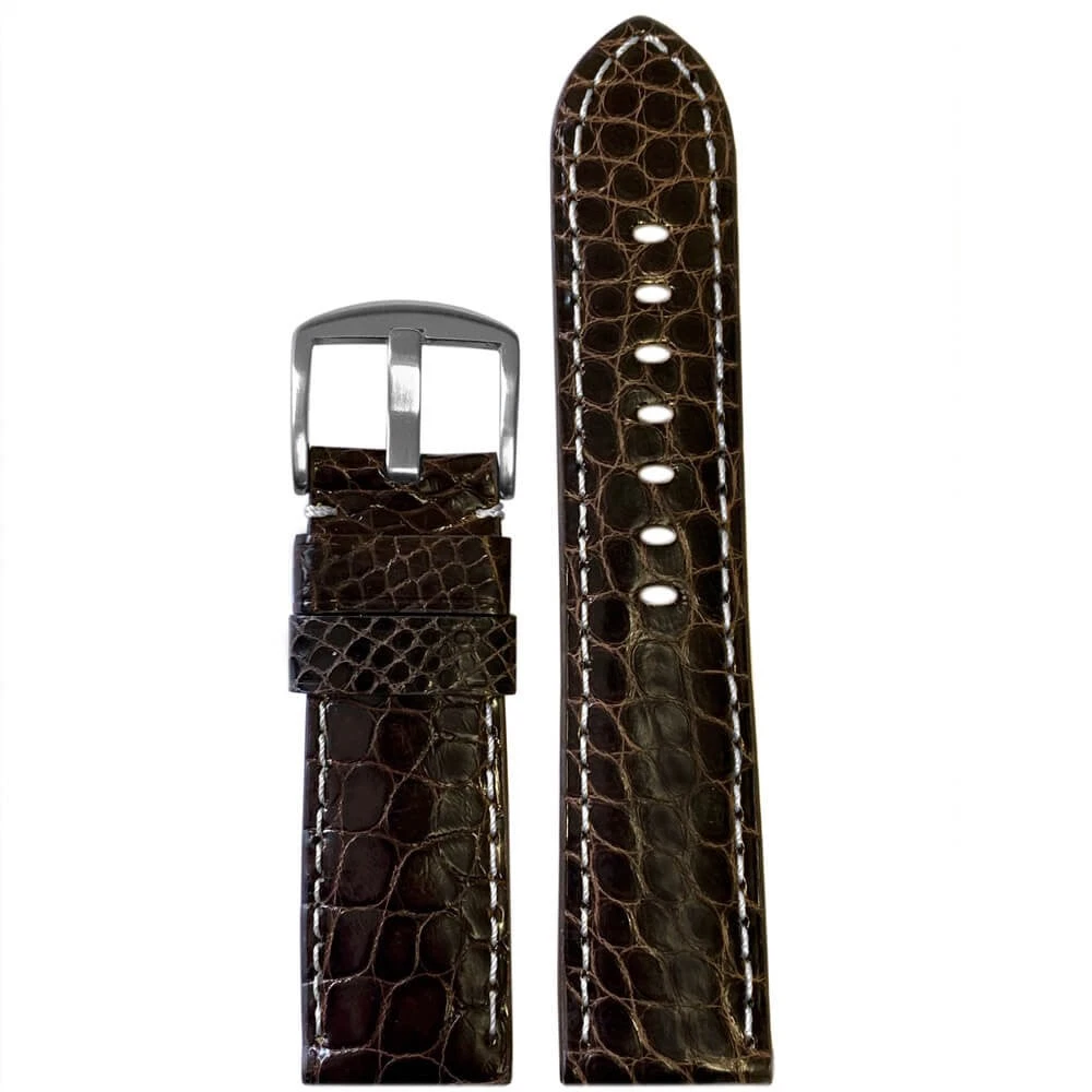 Louisiana Alligator Watch Band | Flank Cut | Padded | Brown | White Stitch