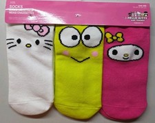 Hello Kitty 3 Pk Socks 21-25cm White Green Pink New