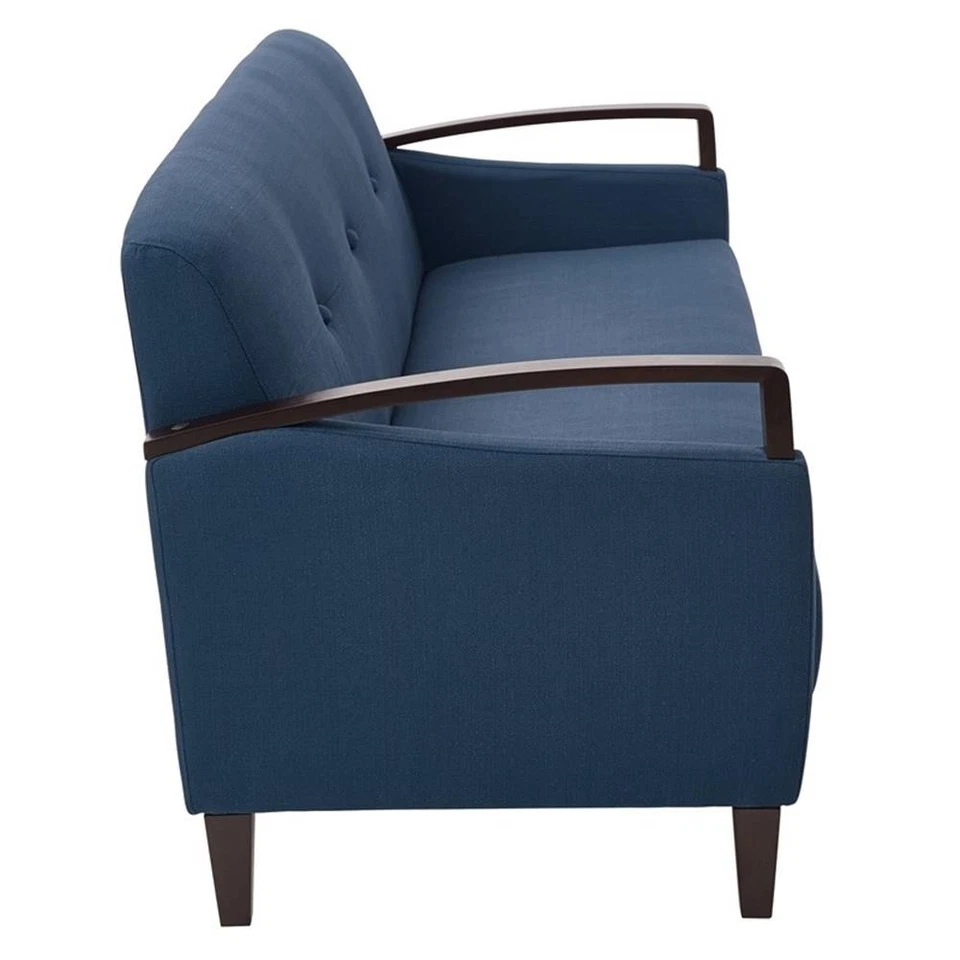 Sofá Main Street en tela azul índigo y acabado espresso oscuro detalles de madera Foto 2 de 3