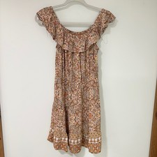 Bebop Off Shoulder Ruffle Dress Rayon Paisley Floral Boho Women Medium Orange