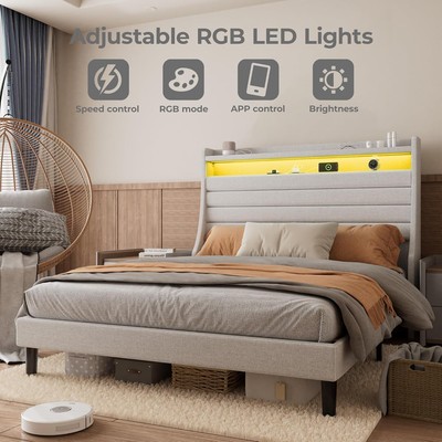 Bed Frame with USB Charging Station LED Platform Upholstered Sturdy Wood Support