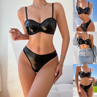 1 Set Bh+Tanga Lingerie Set Sexy Solid Lack-Optik Damen Kostüm Erotisch Kleidung