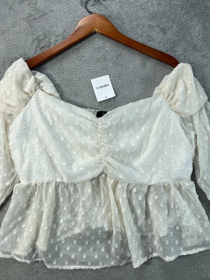 Blusa Forever 21 Mujer 2X Top Corto Marfil Finley Clip Punto Acampanada Manga Larga Foto 2 de 4