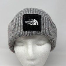 The North Face Ribbed Knit Cuffed Beanie Hat Heather Grey Speckled Logo Patch