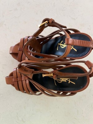 YSL Saint Laurent Strap Brown  Leather Platform Heels Sandals Sz 37