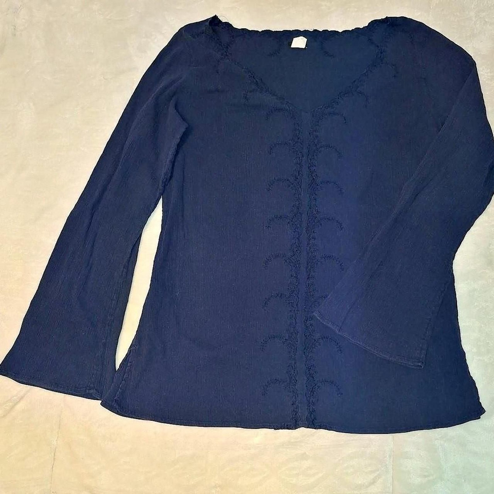J. Crew Navy Embroidered Flowy Bell Sleeve Tunic Coverup Beach Blouse Womens L