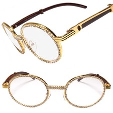 Oval Gold Frame with Crystals on the Edge Hip Hop Rapper Swag Clear Lens Glasses