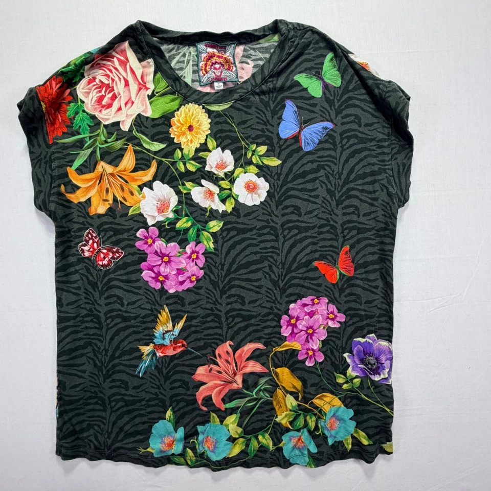 JOHNNY WAS Women's Medium Butterfly Floral Zebra Print Short Sleeve Top - Image 2 of 4