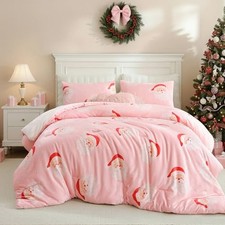Christmas Queen Comforter Set, Pink 3 Pieces Queen- 90"x90" Pink-santa