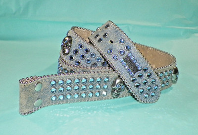 BB SIMON LEATHER & RHINESTONE BELT WITH SILVERTONE SKULLS SZ 42 NO BUCKLE