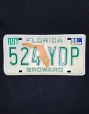 Vintage 1990 Florida License Plate Broward County (Fort Lauderdale) 524 YDP