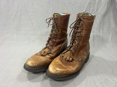 Justin Logger Boots Mens 12 EE Brown Leather Western Lace Up Fringe Workwear USA