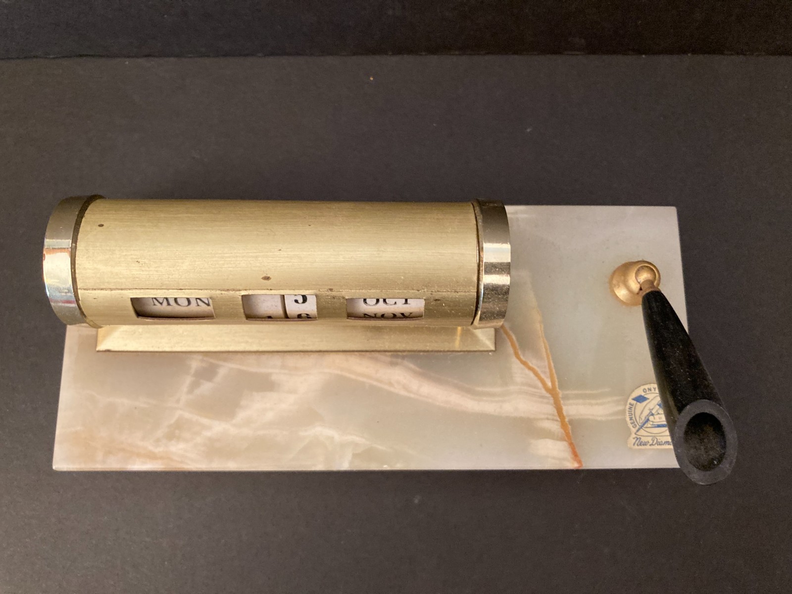 Vintage New Diamond Onyx Marble Desk Set Fountain Pen Holder Calendar MCM