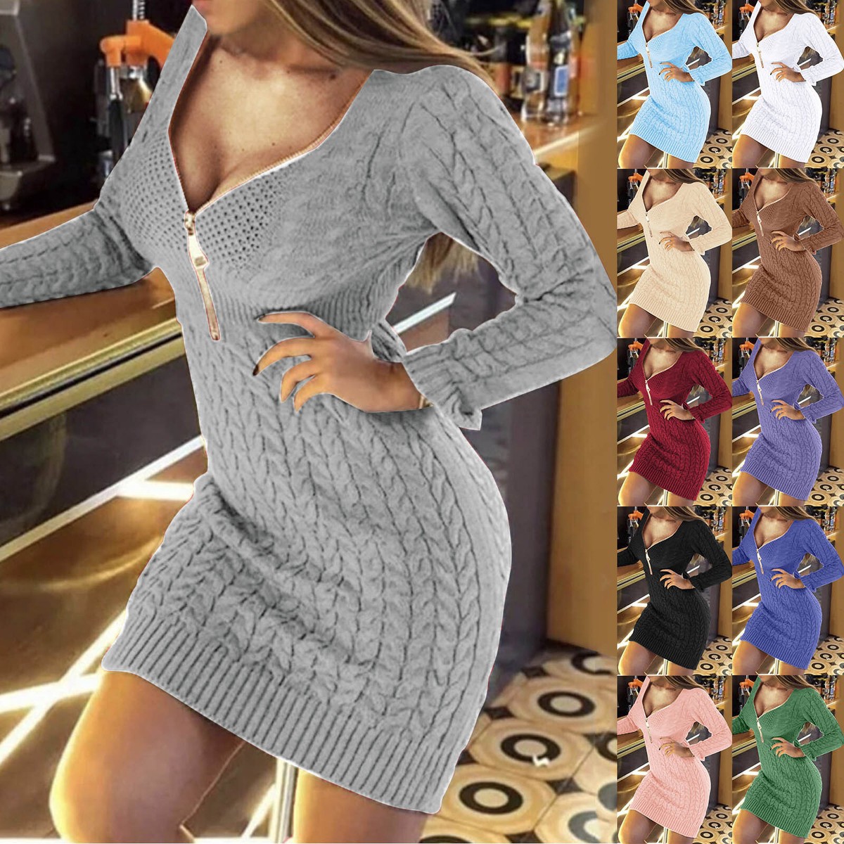 Women Sweater Dress Half Zip V Neck Long Sleeve Solid Knitted