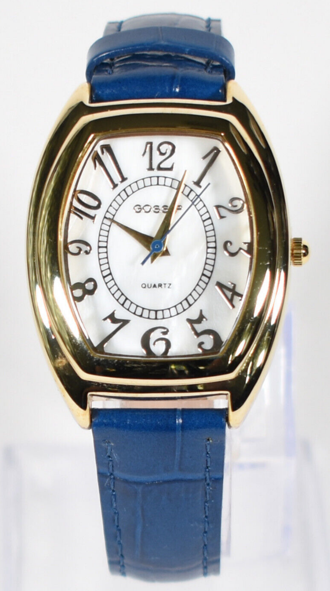 QVC Gossip Watch Women Blue Leather Band Analog Gold Tone 