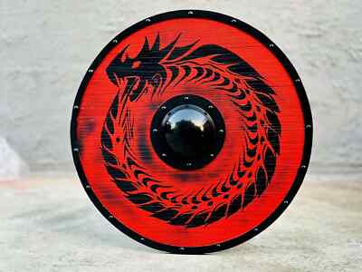 24'' Viking Wooden Shield Authentic Battleworn Ouroboros & Fenrir Design Cosplay