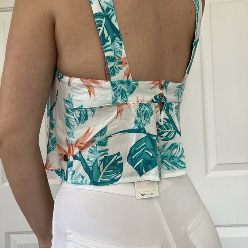 Roxy White Blue And Pink Floral Floaty Crop Top - Picture 3 of 5