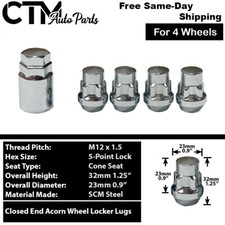 4x Chrome M12x1.5 Cone Seat Anti-theft Wheel Lock Lug Nutkey Toyota Scion Lexus