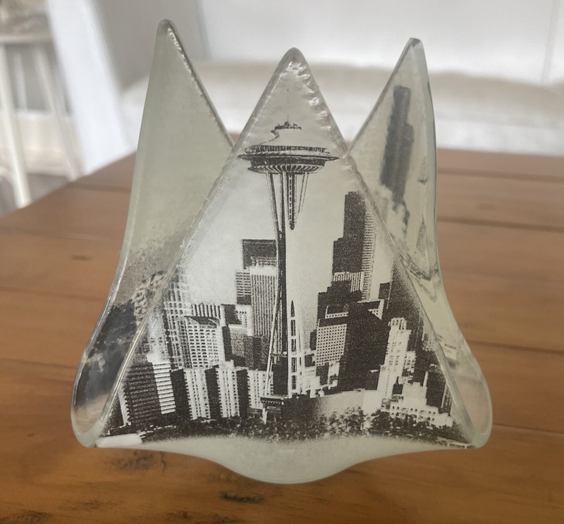 Jones Glassworks Seattle, Glass Votive Candle Holder MT. Ranier, Space Needle