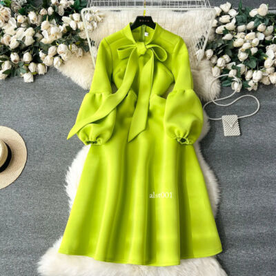 Fashion Women's Bow Lace-up Lantern Long Sleeve Dress Autumn High Waist  Dresses | eBay